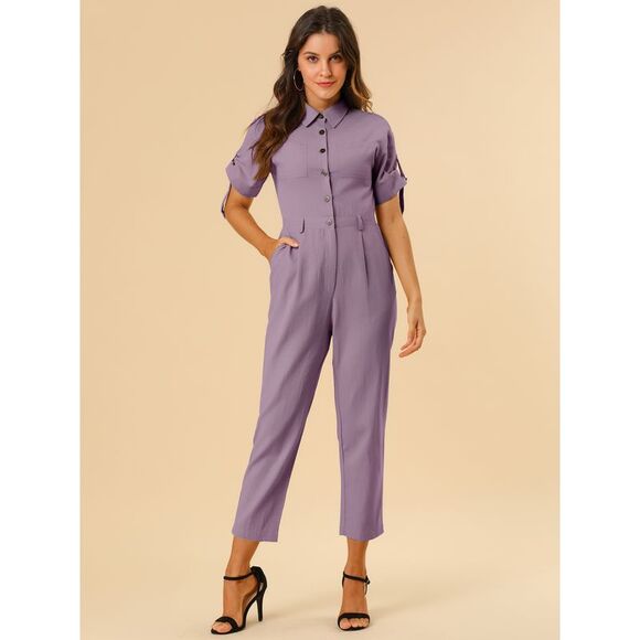 Short Sleeve Collar Crop Button Down Tie Waist Cotton Cargo Jumpsuit DustyPurple - Picture 5 of 6